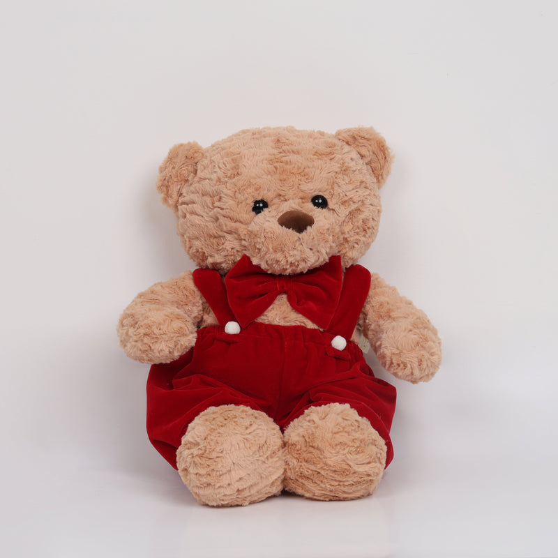 FIORI DI LENA Orsetto Peluche con Salopette e Fiocco in Velluto Rosso Grande