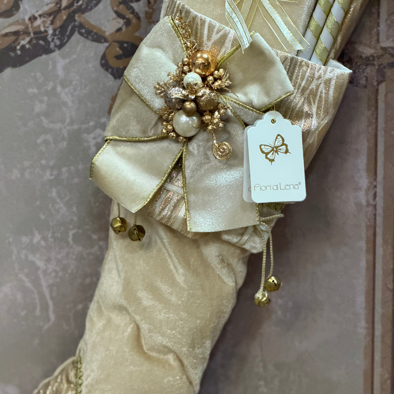 FIORI DI LENA Calza Natalizia Avorio E Dorato Con Fiocco Pacchetti Regalo E Bastoncini Decorativi H 60 Cm