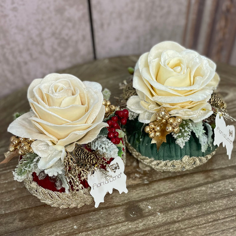 FIORI DI LENA Pouf Natalizio Rosso o Verdone e Rosa in Velluto con Pizzo