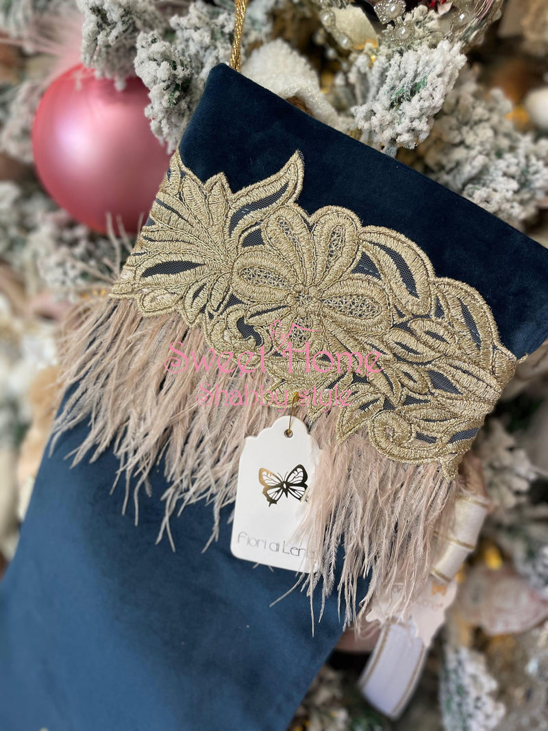 FIORI DI LENA Calza Natalizia In Velluto Blu Con Piume amore