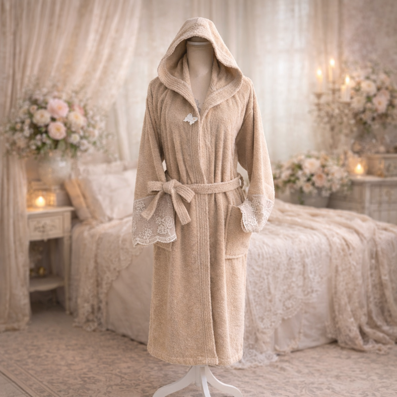 FIORI DI LENA Accappatoio Donna in Cotone con Pizzo Nocciola | Taglia L