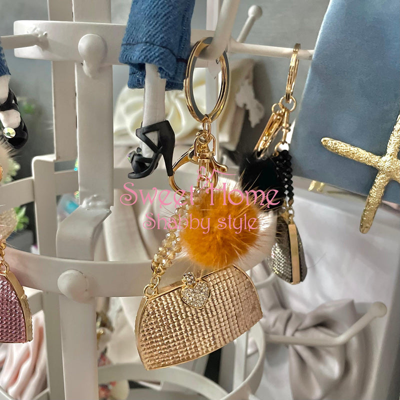 FIORI DI LENA Portachiavi Borsetta Con Strass e Ponpon