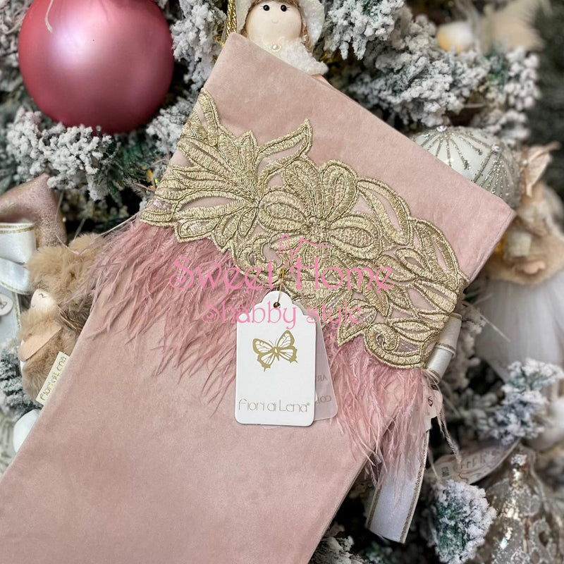 FIORI DI LENA Calza Natalizia In Velluto Rosa Con Piume E Ricamo Amore