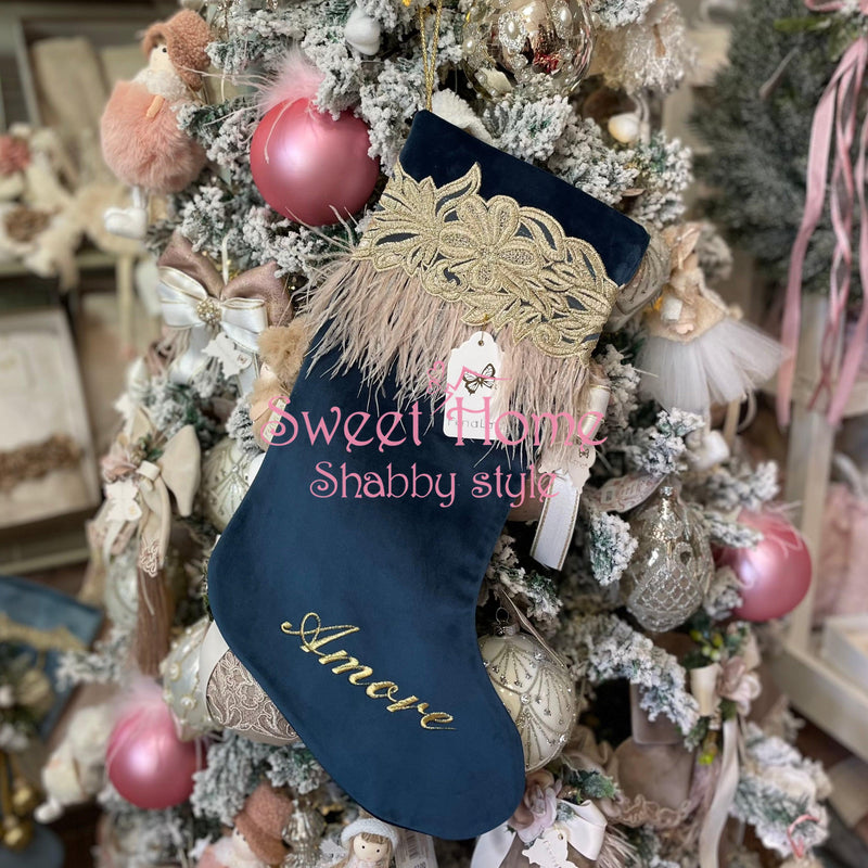 FIORI DI LENA Calza Natalizia In Velluto Blu Con Piume amore