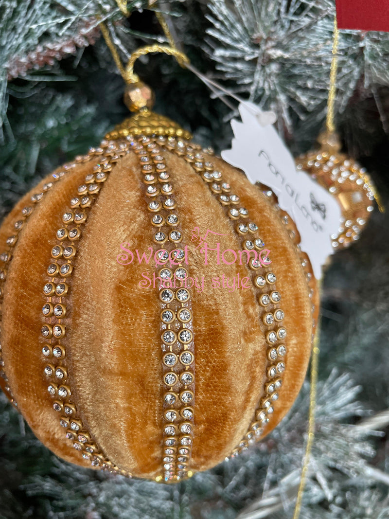 FIORI DI LENA Pallina Natalizia in Velluto Dorato Con Swarovski