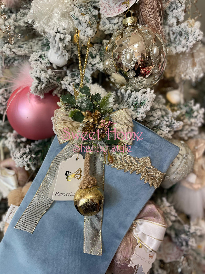 FIORI DI LENA Calza Natalizia In Velluto Celeste Con Campanello