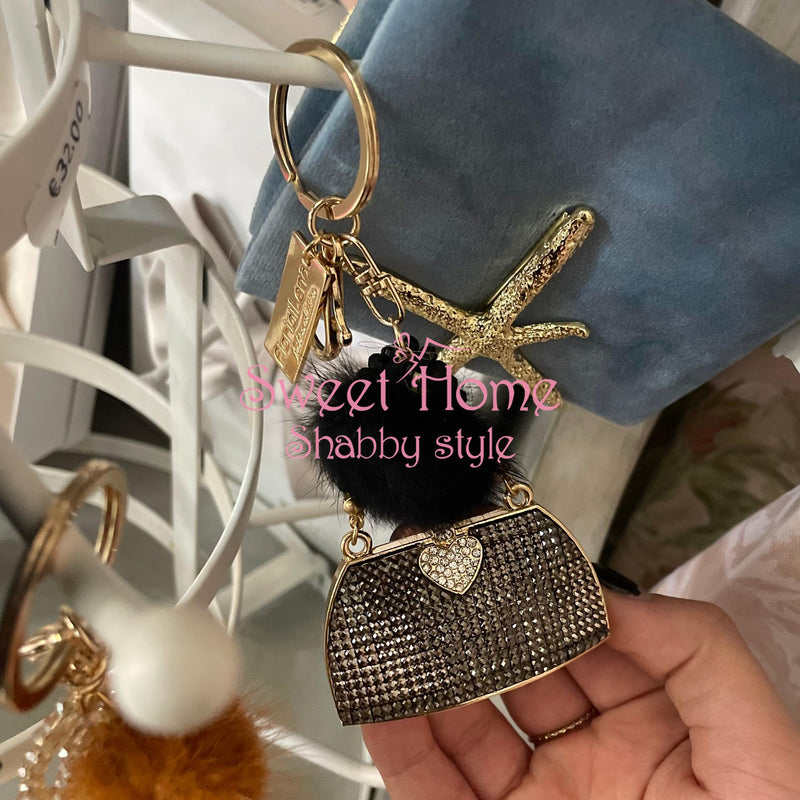 FIORI DI LENA Portachiavi Borsetta Con Strass e Ponpon