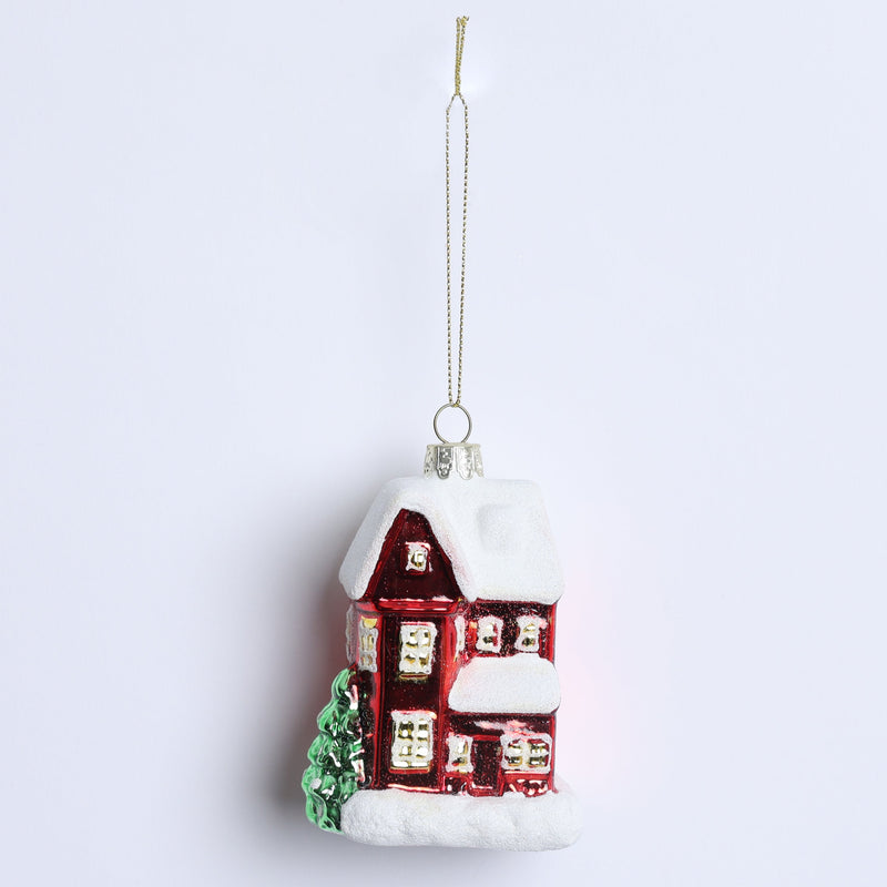 FIORI DI LENA Decoro Albero Set 4 Casette Rosse Innevate in Vetro