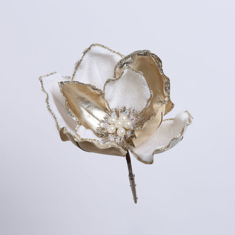 FIORI DI LENA Decoro Fiore Dorato con Perle e Glitter a Clip