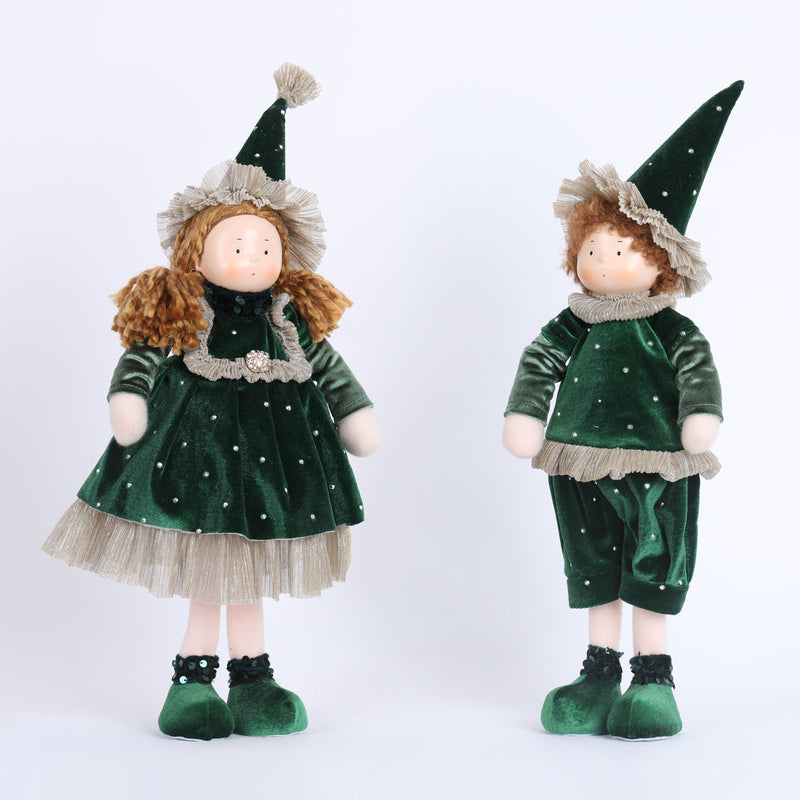 FIORI DI LENA Coppia Gnomi Natalizi con Elegante Abito Verde