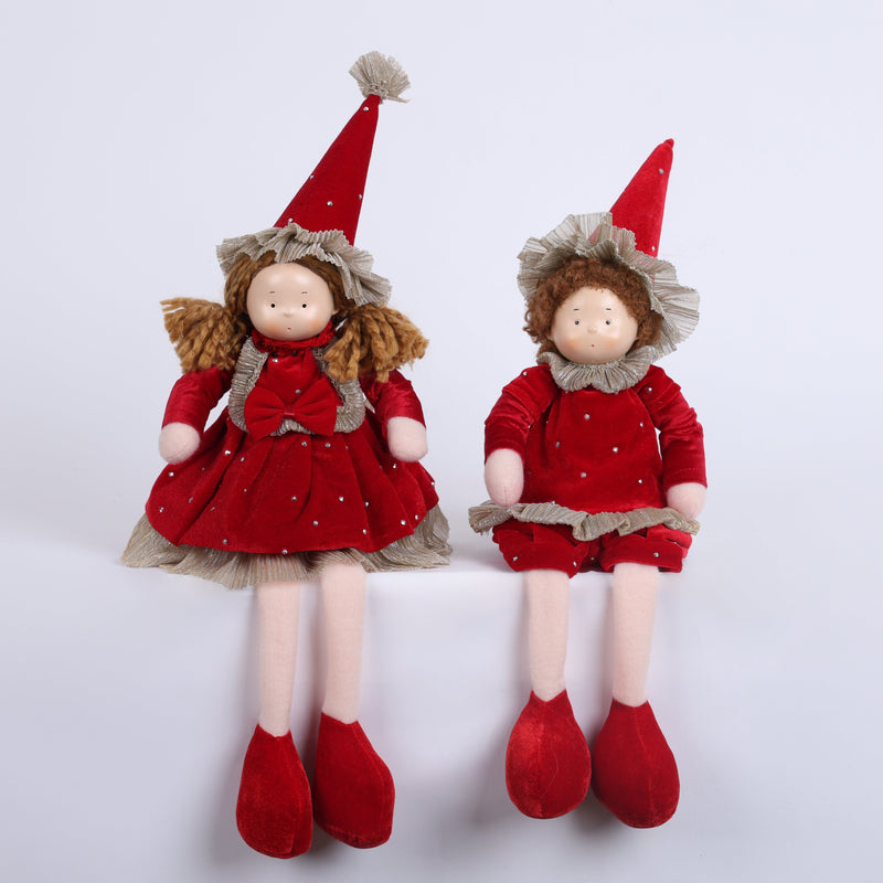 FIORI DI LENA Coppia Gnomi Natalizi Seduti con Elegante Abito Rosso