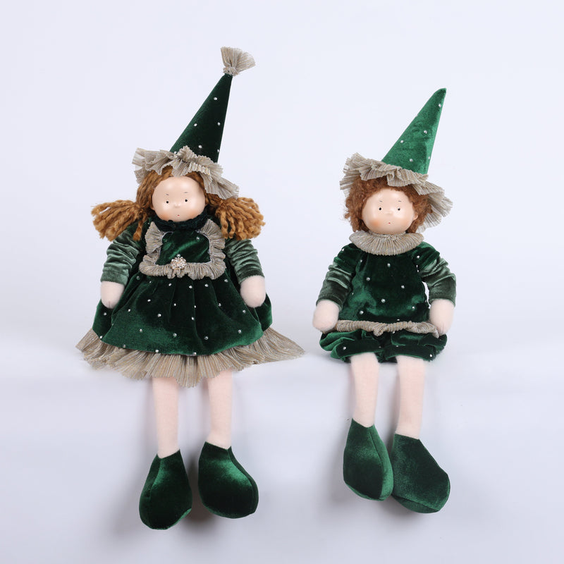 FIORI DI LENA Coppia Gnomi Natalizi Seduti con Elegante Abito Verde