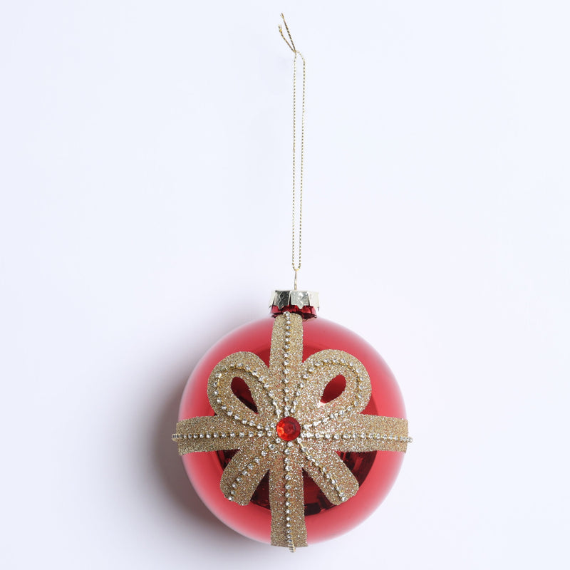 FIORI DI LENA Pallina Natalizia Rossa in Vetro con Fiocco Dorato e Swarovski