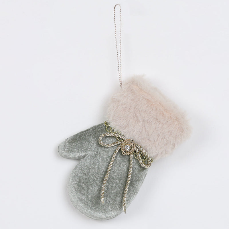 FIORI DI LENA Decoro Guantino in Velluto Acquamarina con Pelliccia
