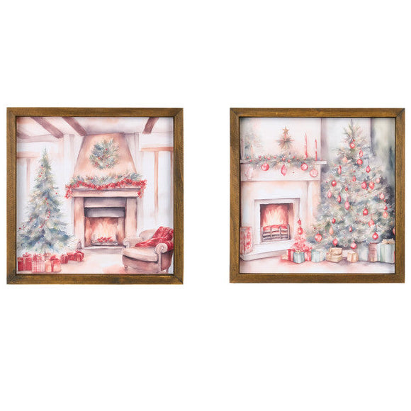 NUVOLE DI STOFFA Set 2 Quadri Natalizi con Albero e Camino