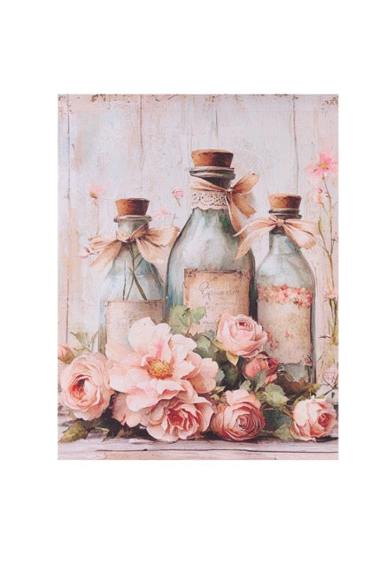 NUVOLE DI STOFFA Quadro Canvas Bottiglie Vintage con Rose Shabby Chic