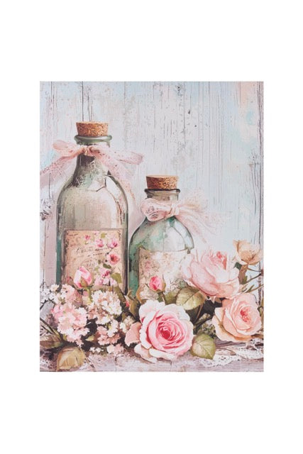 NUVOLE DI STOFFA Quadro Canvas Bottiglie Vintage con Rose Shabby Chic