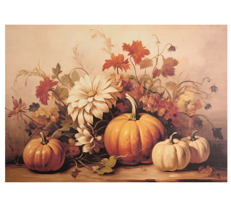 NUVOLE DI STOFFA Quadro Canvas con Zucche e Fiori 70x50 cm — Stampa Pittorica Autunnale