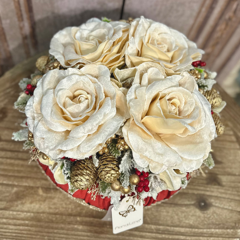 FIORI DI LENA Pouf Natalizio Rosso Tiziano 4 Rose in Velluto con Pizzo