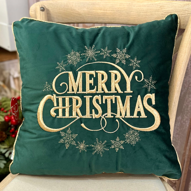 CLODETTE Cuscino Natalizio in Velluto con Scritta Ricamata " MERRY CHIRSTMAS " Verde