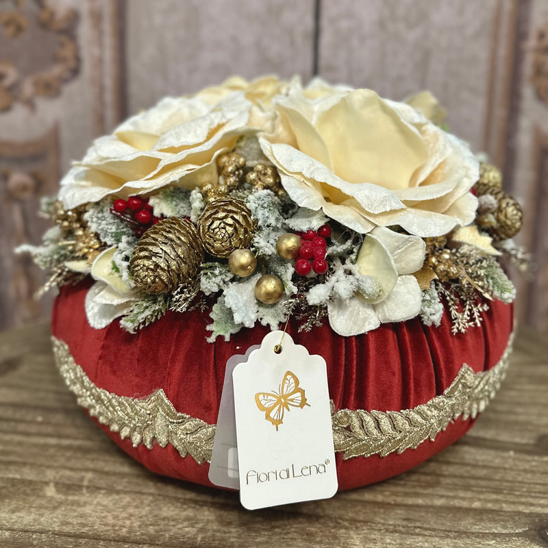 FIORI DI LENA Pouf Natalizio Rosso Tiziano 4 Rose in Velluto con Pizzo