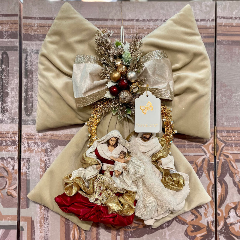 FIORI DI LENA Fiocco Natalizio in Velluto Nocciola con Natività Amaranto