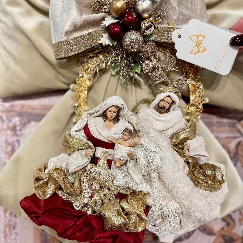 FIORI DI LENA Fiocco Natalizio in Velluto Nocciola con Natività Amaranto