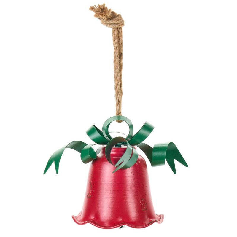 NUVOLE DI STOFFA Campana Decorativa da Appendere in Metallo Rossa con Fiocco Verde 15x15x19 cm
