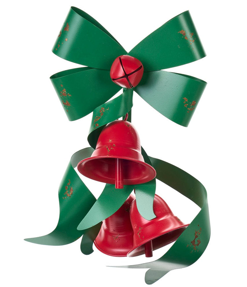 NUVOLE DI STOFFA Fiocco Decorativo in Metallo Verde con Campane Rosse 26x13x50 cm