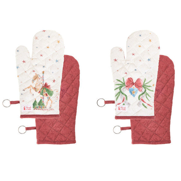 NUVOLE DI STOFFA Guantone Natalizio in Cotone "LA GIOSTRA DI AMELIE" con Cavalli e Fiocchi