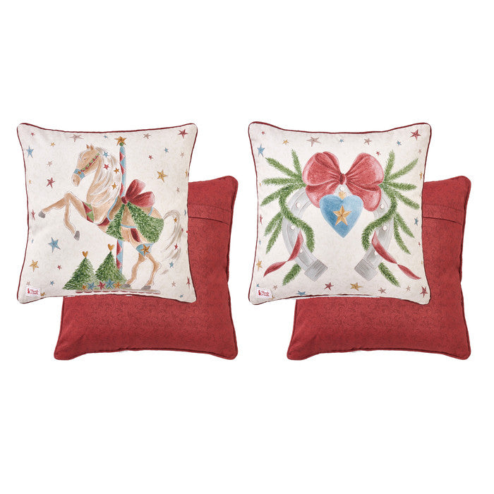 NUVOLE DI STOFFA Cuscino Natalizio in Cotone "LA GIOSTRA DI AMELIE" con Cavalli e Fiocchi