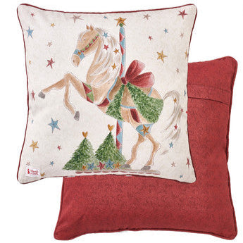 NUVOLE DI STOFFA Cuscino Natalizio in Cotone "LA GIOSTRA DI AMELIE" con Cavalli e Fiocchi