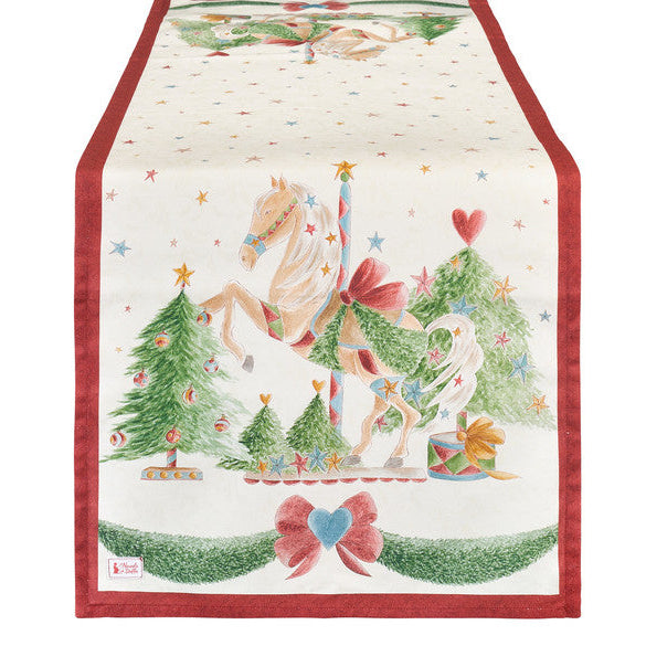 NUVOLE DI STOFFA Runner Natalizio in Cotone "LA GIOSTRA DI AMELIE" con Cavalli e Fiocchi