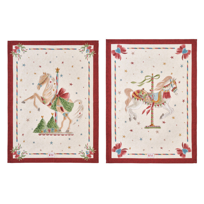 NUVOLE DI STOFFA Canovaccio Natalizio in Cotone "LA GIOSTRA DI AMELIE" con Cavalli e Fiocchi