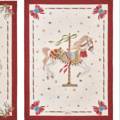 NUVOLE DI STOFFA Canovaccio Natalizio in Cotone "LA GIOSTRA DI AMELIE" con Cavalli e Fiocchi