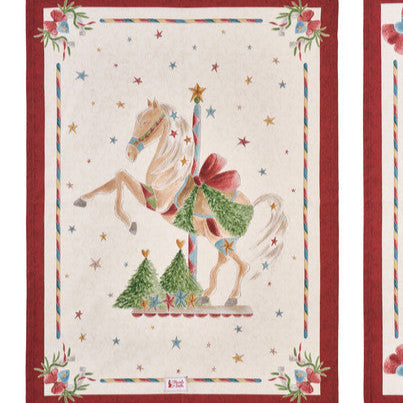 NUVOLE DI STOFFA Canovaccio Natalizio in Cotone "LA GIOSTRA DI AMELIE" con Cavalli e Fiocchi