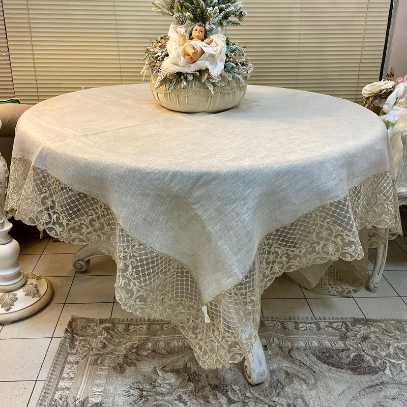 FIORI DI LENA Tovaglia in Lino Bisso Lamè con Pizzo Retato Dorato 165x280 cm