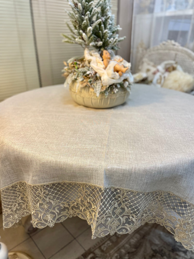 FIORI DI LENA Tovaglia in Lino Bisso Lamè con Pizzo Retato Dorato 165x280 cm