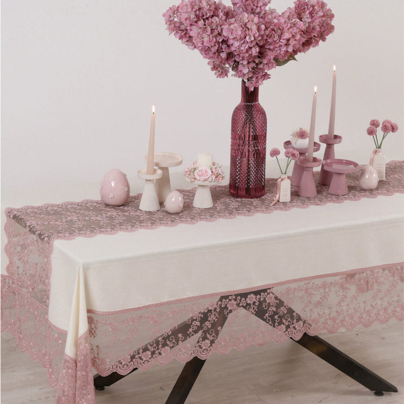 FIORI DI LENA Tovaglia in Lino Avorio e Pizzo Rosa con Tramezzo