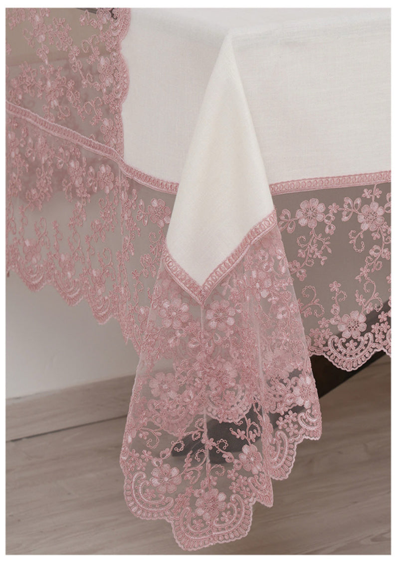 FIORI DI LENA Tovaglia in Lino Avorio e Pizzo Rosa con Tramezzo