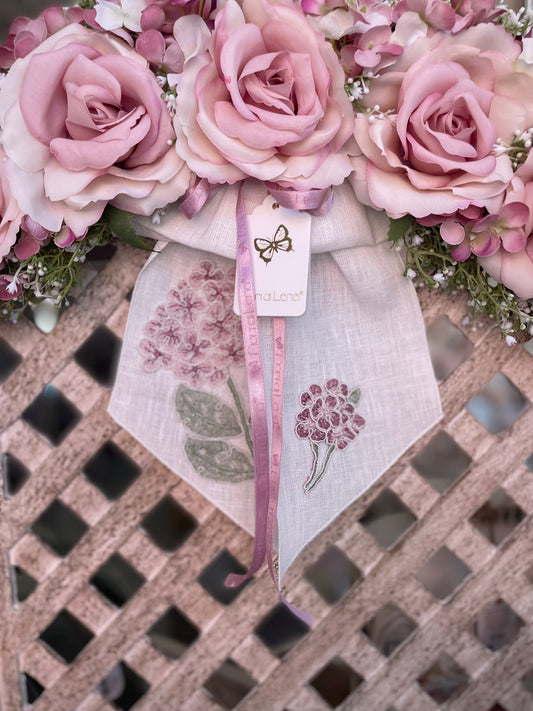 Archetto con 5 rose rosa profumate e fiocco in lino Ortensia Fiori di Lena