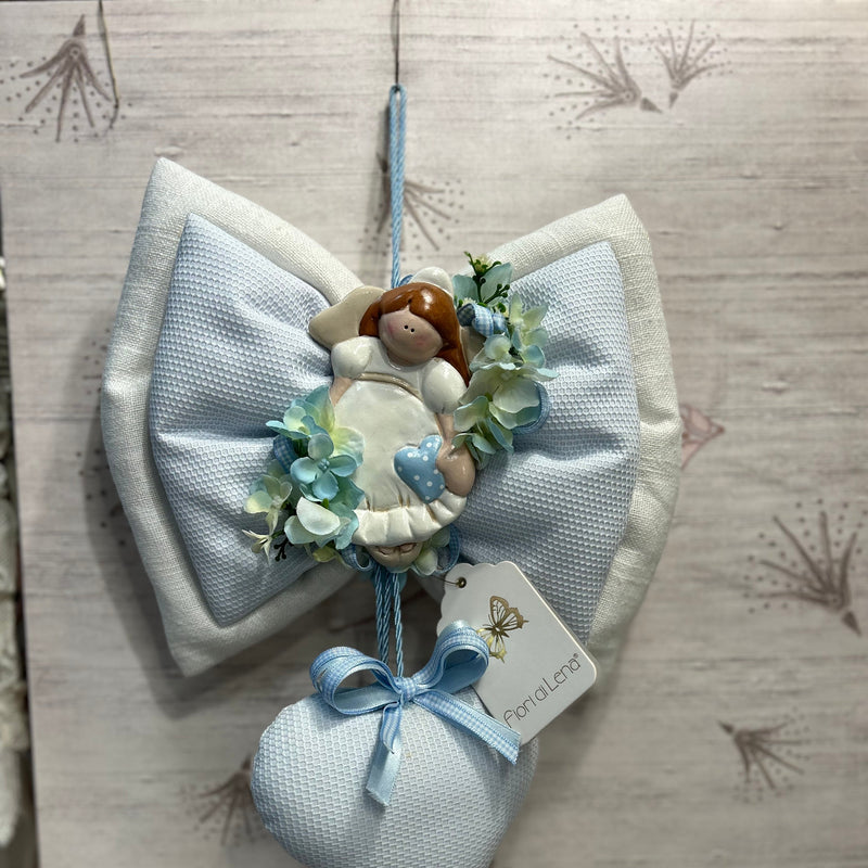 FIORI DI LENA Doppio Fiocco Nascita con Angelo in Ceramica e Cuori