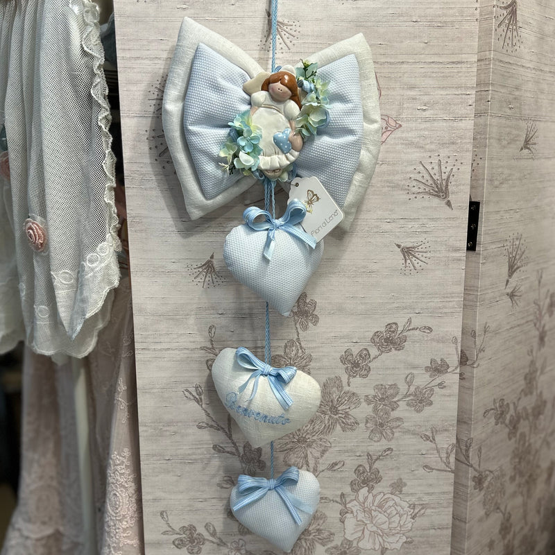 FIORI DI LENA Doppio Fiocco Nascita con Angelo in Ceramica e Cuori