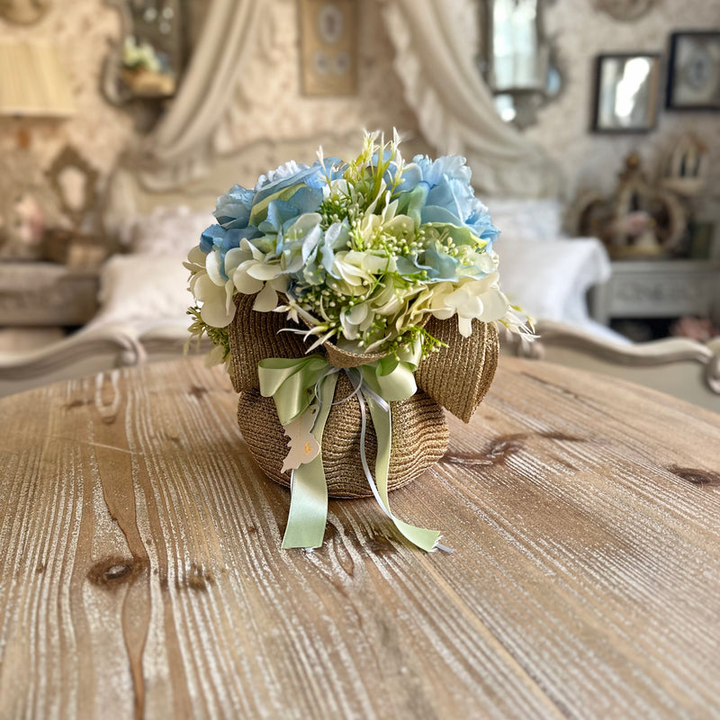 FIORI DI LENA Cesto Dorato in Paglia con Fiori e Fiocco