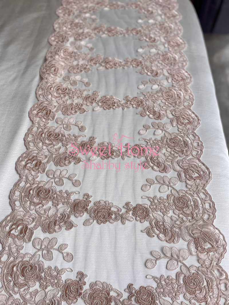 FIORI DI LENA Runner Ovale In Pizzo Rose Pesca 130 cm