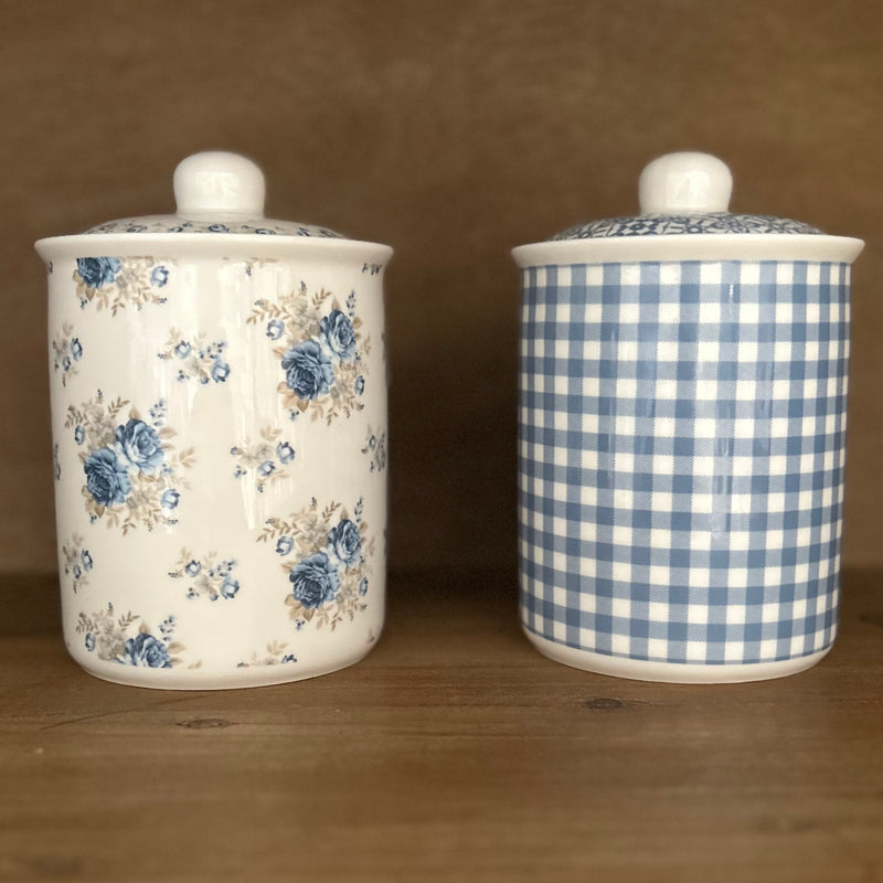 NUVOLE DI STOFFA Barattolo in Porcellana "Camilla" Azzurro con Fiori o Quadri