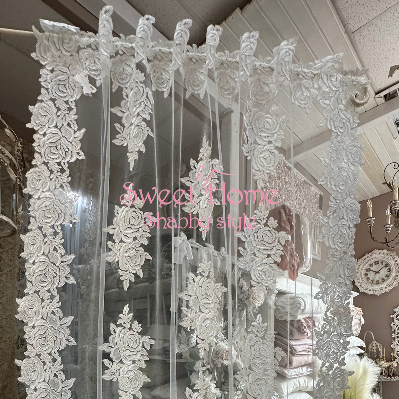 FIORI DI LENA Coppia Tende in Tulle con Pizzo Rose Bianco
