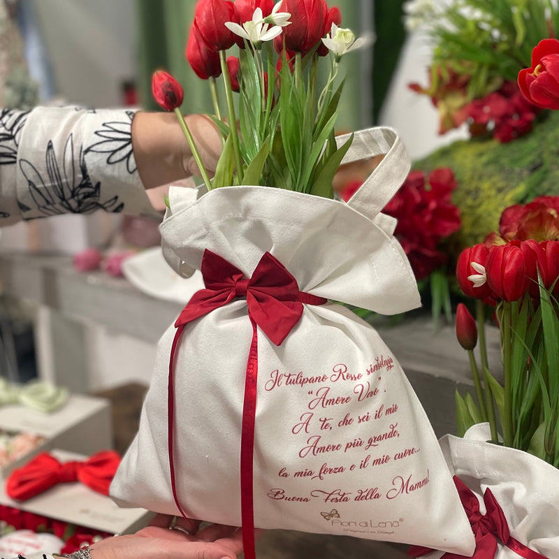 FIORI DI LENA Borsa Bianca con Tulipani Fiocco Rosso e Dedica per la Mamma