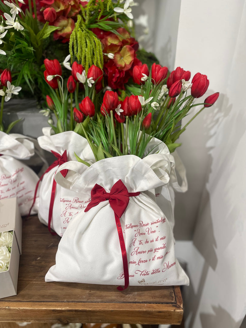 FIORI DI LENA Borsa Bianca con Tulipani Fiocco Rosso e Dedica per la Mamma