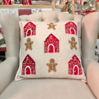 BLANC MARICLÒ Cuscino con Casetta e Omino Pan di Zenzero Ricamati e Applicazione di Corallini